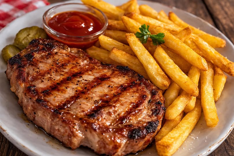 Grilled pork neck steak with fries
