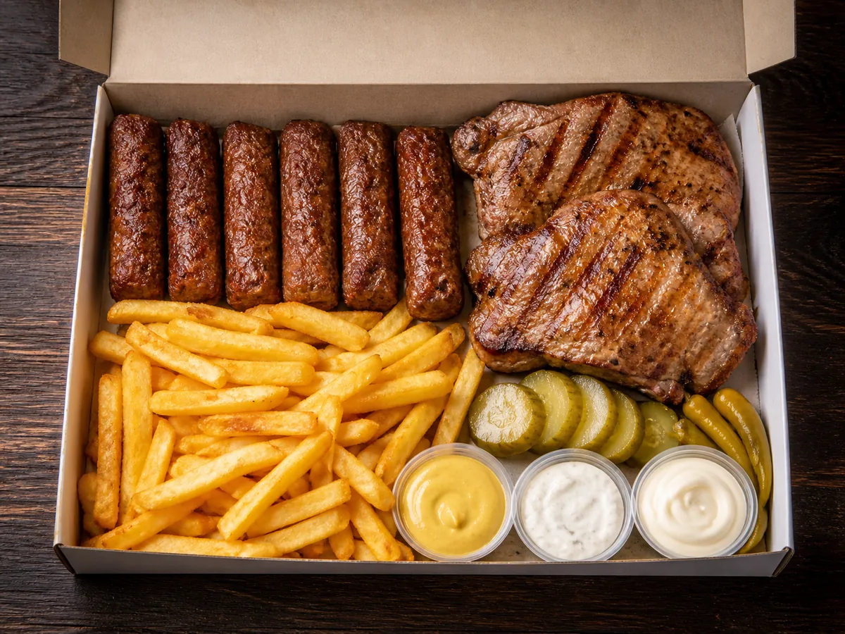 Romanian grill box with fries and mustard