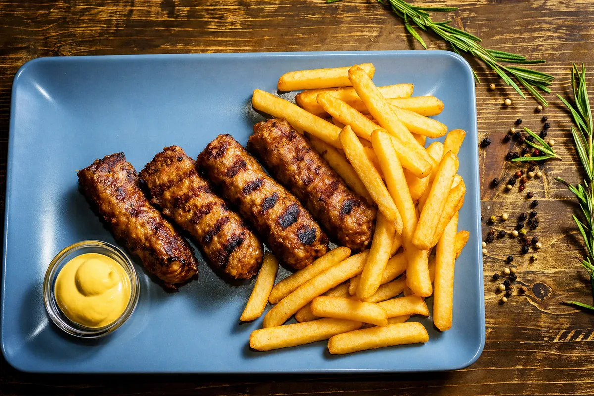 Traditional Romanian mici with fries and mustard