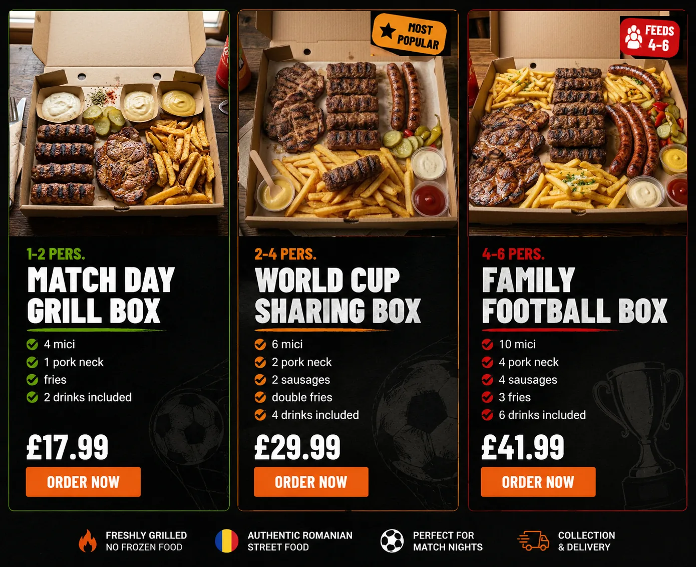 Box-uri World Cup pentru seri de meci: Match Day Grill Box, World Cup Sharing Box si Family Football Box